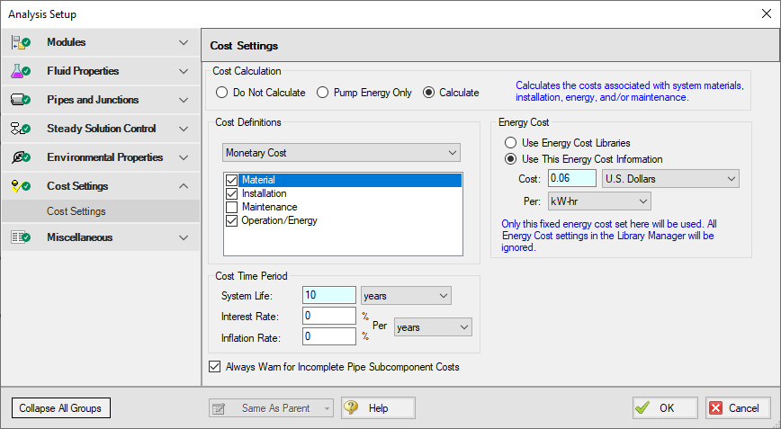 The cost calculations selected on the Cost Settings window.